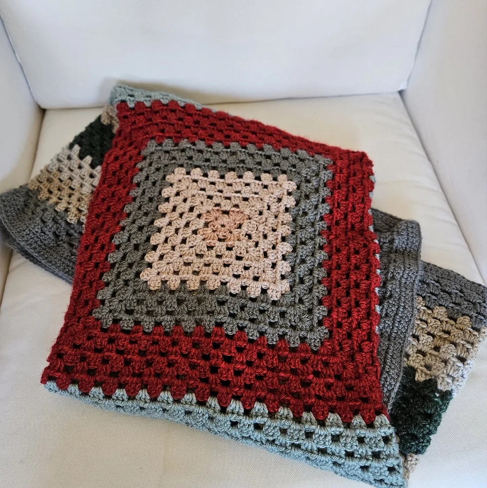 Handmade Granny Square Blanket Red, Pink, Tan, Grey, Green 100% Washable Acrylic